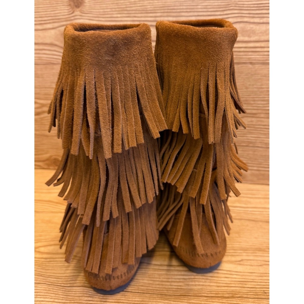 Minnetonka Women's Brown Suede Leather Fringe Knee High Moccasin Boots Sz 10 - Picture 3 of 11